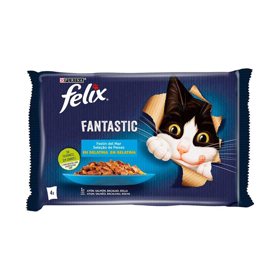 Comida Húmeda Gatos Festín Del Mar Gelatina Felix Fantastic Pack 4x48G