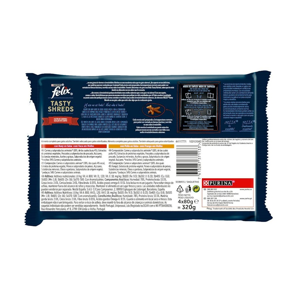 Comida Húmeda Gatos Tasty Shreds Carne En Salsa Felix Pack 4x80Gr - Imagen 2