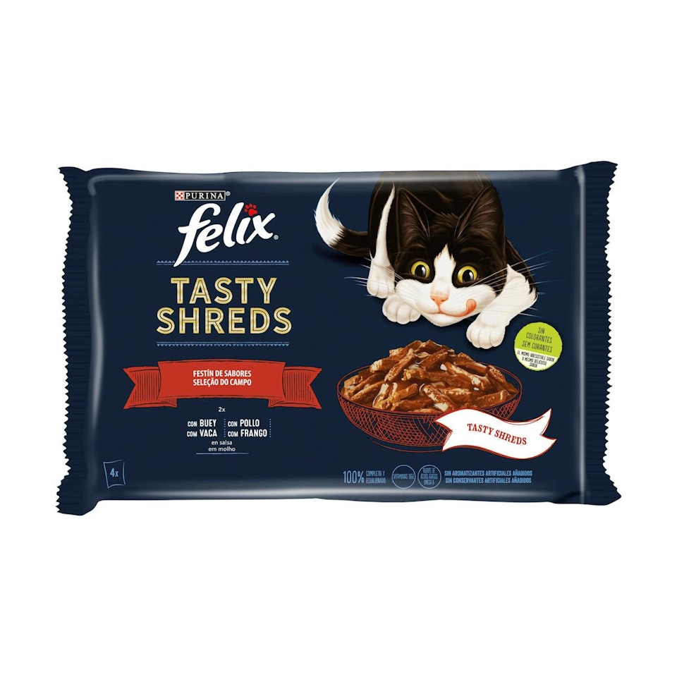Comida Húmeda Gatos Tasty Shreds Carne En Salsa Felix Pack 4x80Gr